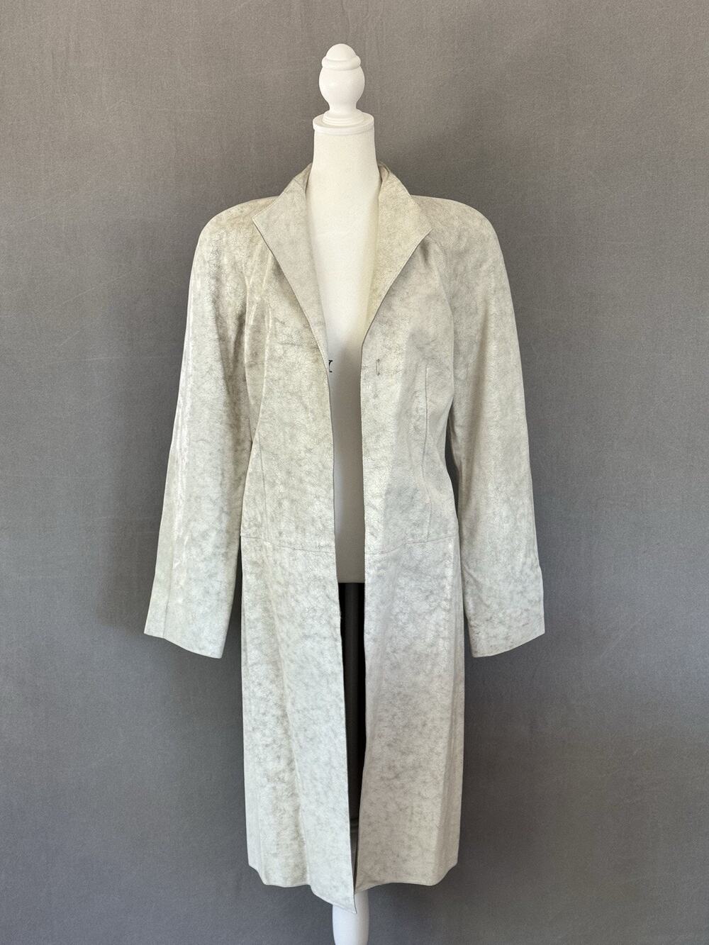 Vintage DKNY White Distressed Leather Duster Coat Womens M Long Crackle Finish